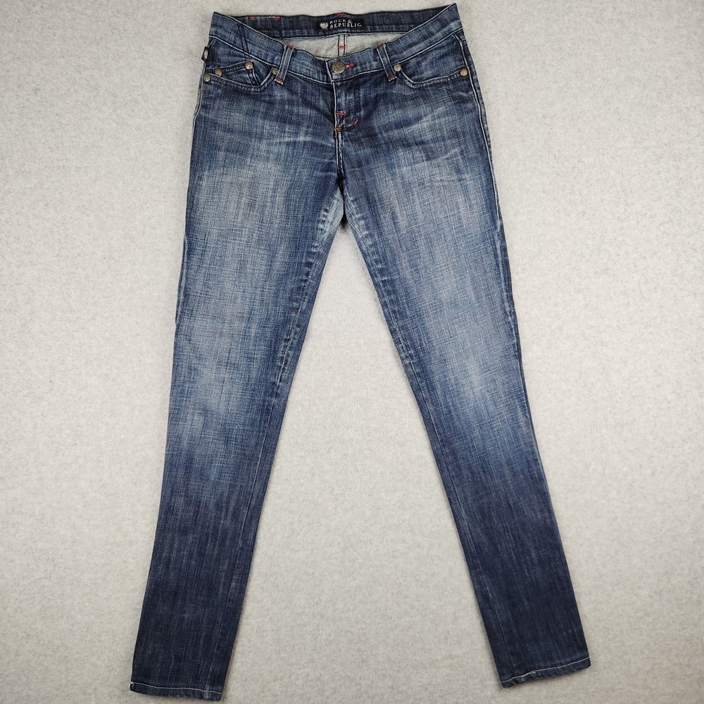 Rock & Republic HALEN Skinny Jeans Womens 29x31 Dark Wash Red Stitch Embroidered
